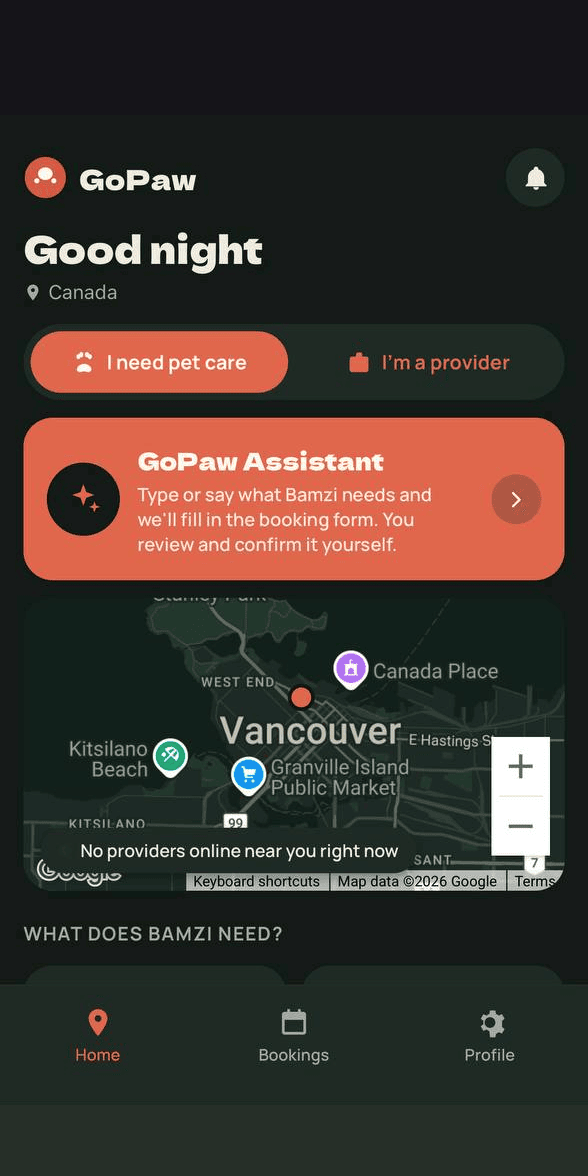 GoPaw home screen before launch: no providers online yet