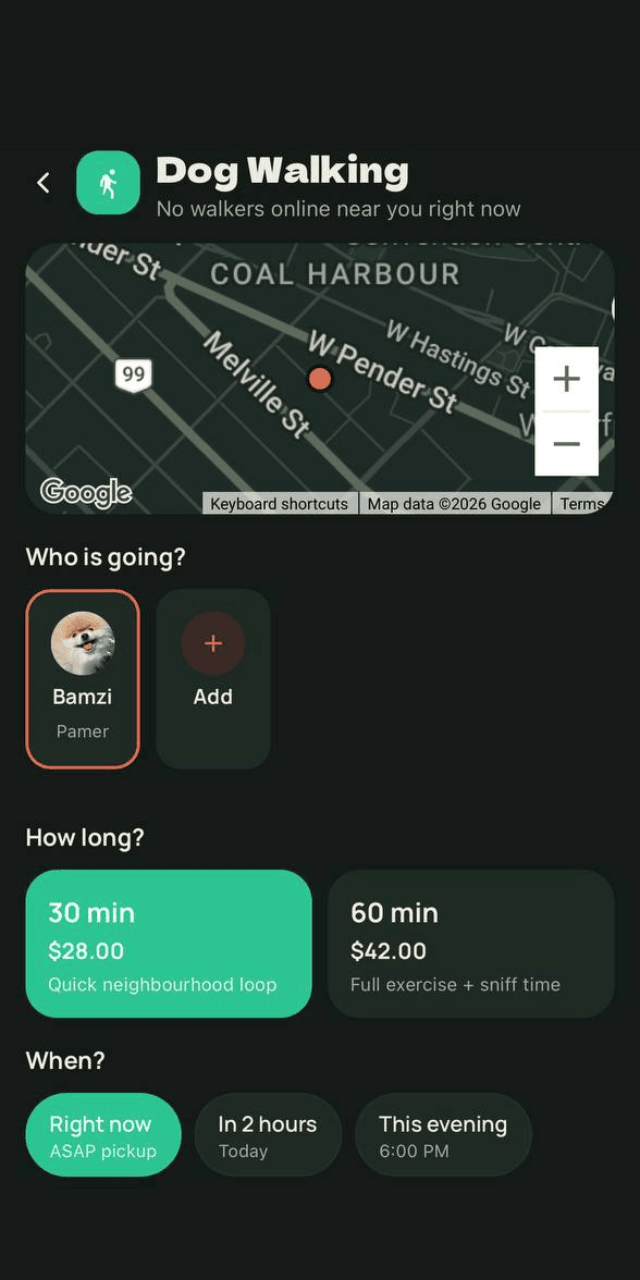Dog walking booking screen showing the all-in price