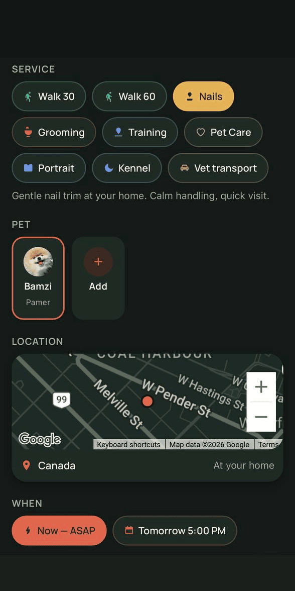 Booking screen for choosing a service